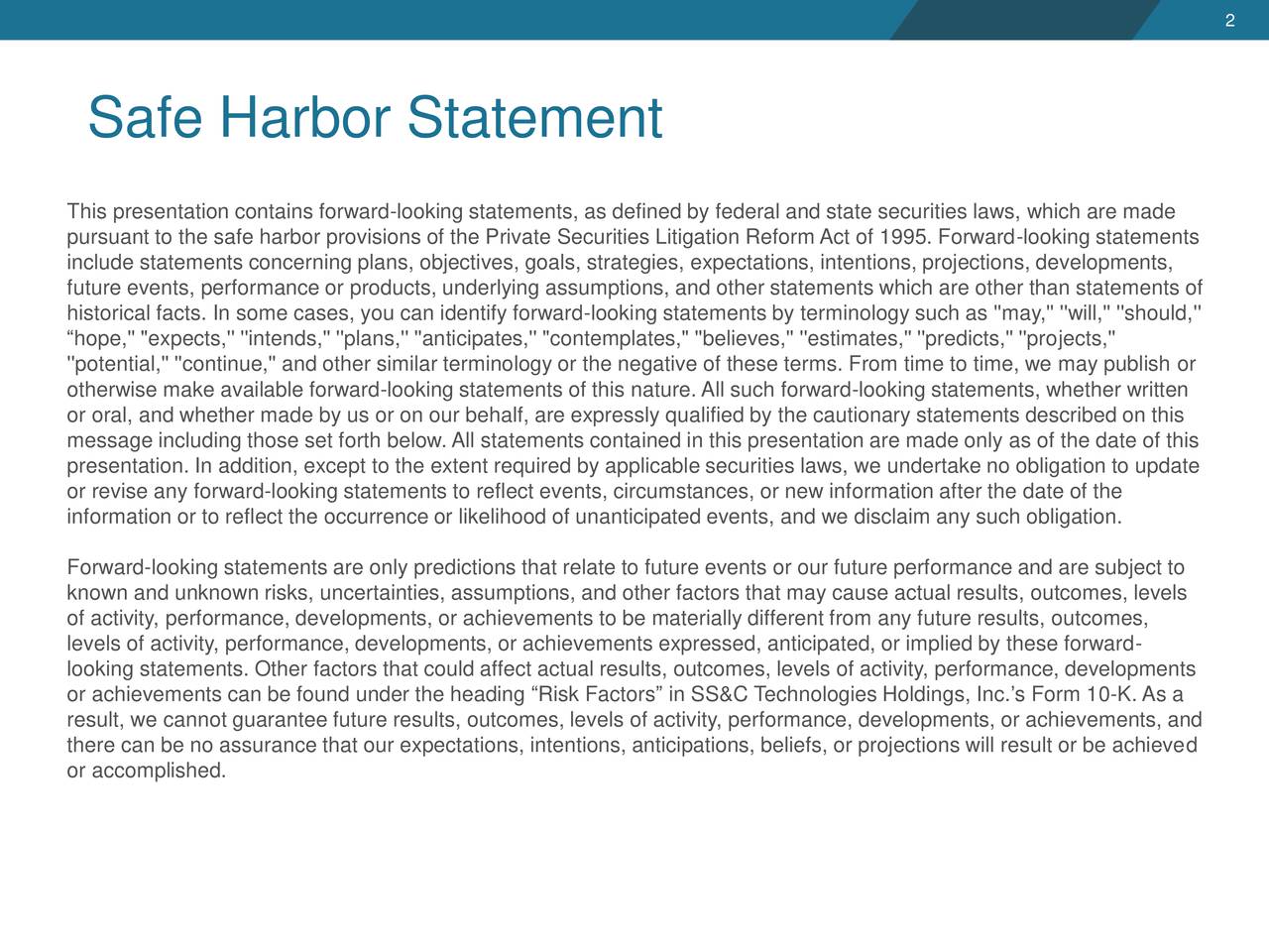 Ss C Technologies Holdings Ssnc Presents At 19th Annual Needham Growth Conference Ss C Safe Harbor Statement Template